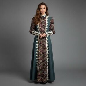 VTG RARE 1969 Gunne Sax California Green Floral Renaissance Maxi Dress Cottage